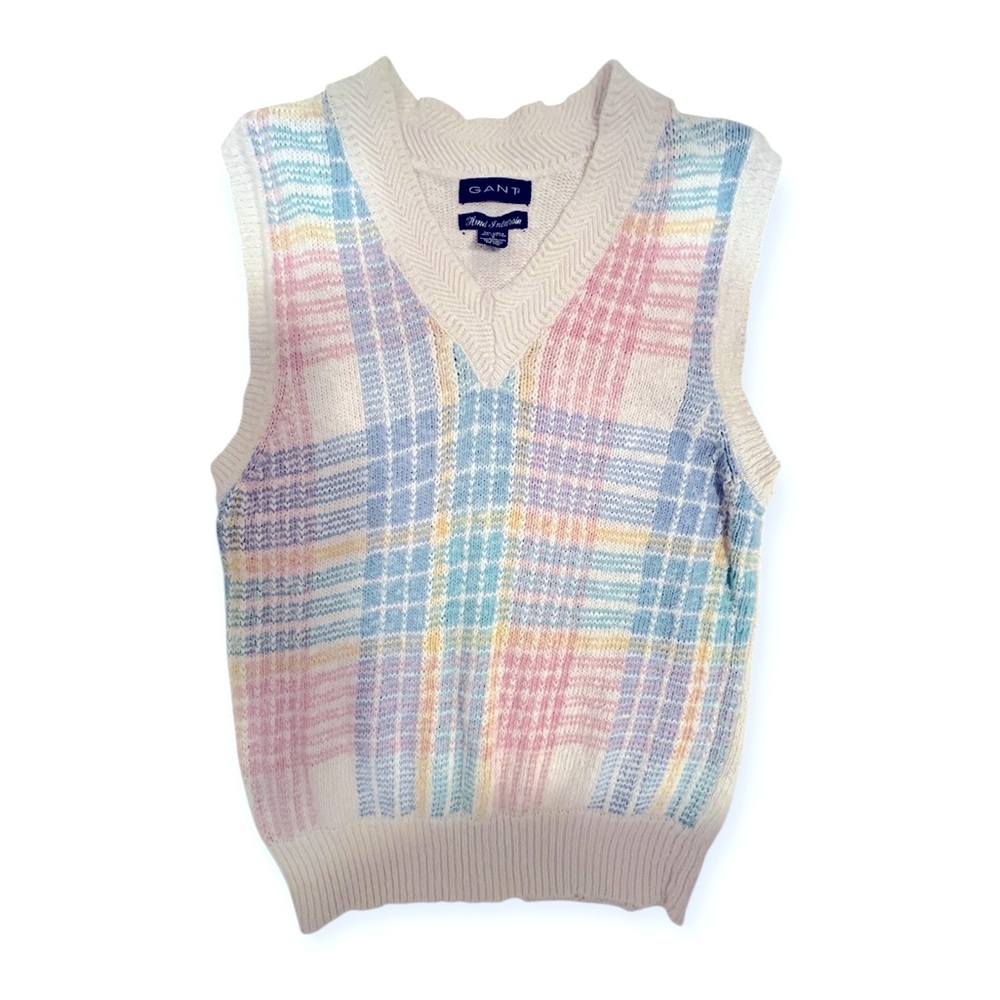 Vintage GANT Pastel Plaid Hand Intarsia Sweater Vest-Size S